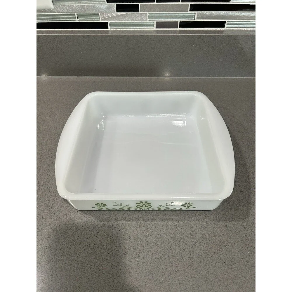 Vintage Glasbake Square Milk Glass Casserole  Green Floral 8x8 Ovenware USA